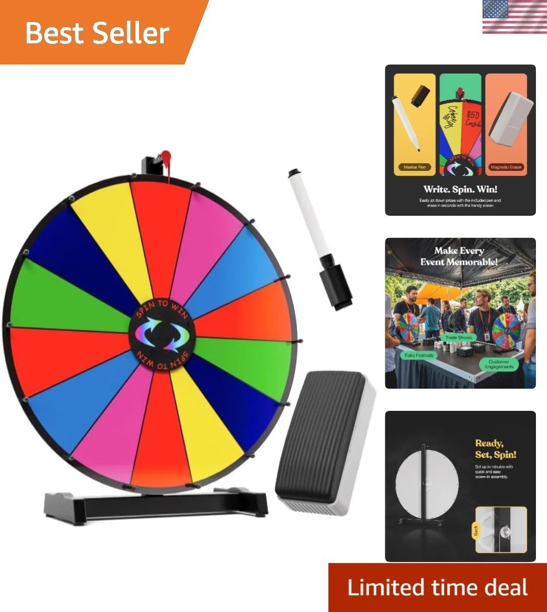 18 Inch Heavy Duty Spinning Prize Wheel – 14 Slots Color Tabletop Roulette Wh…