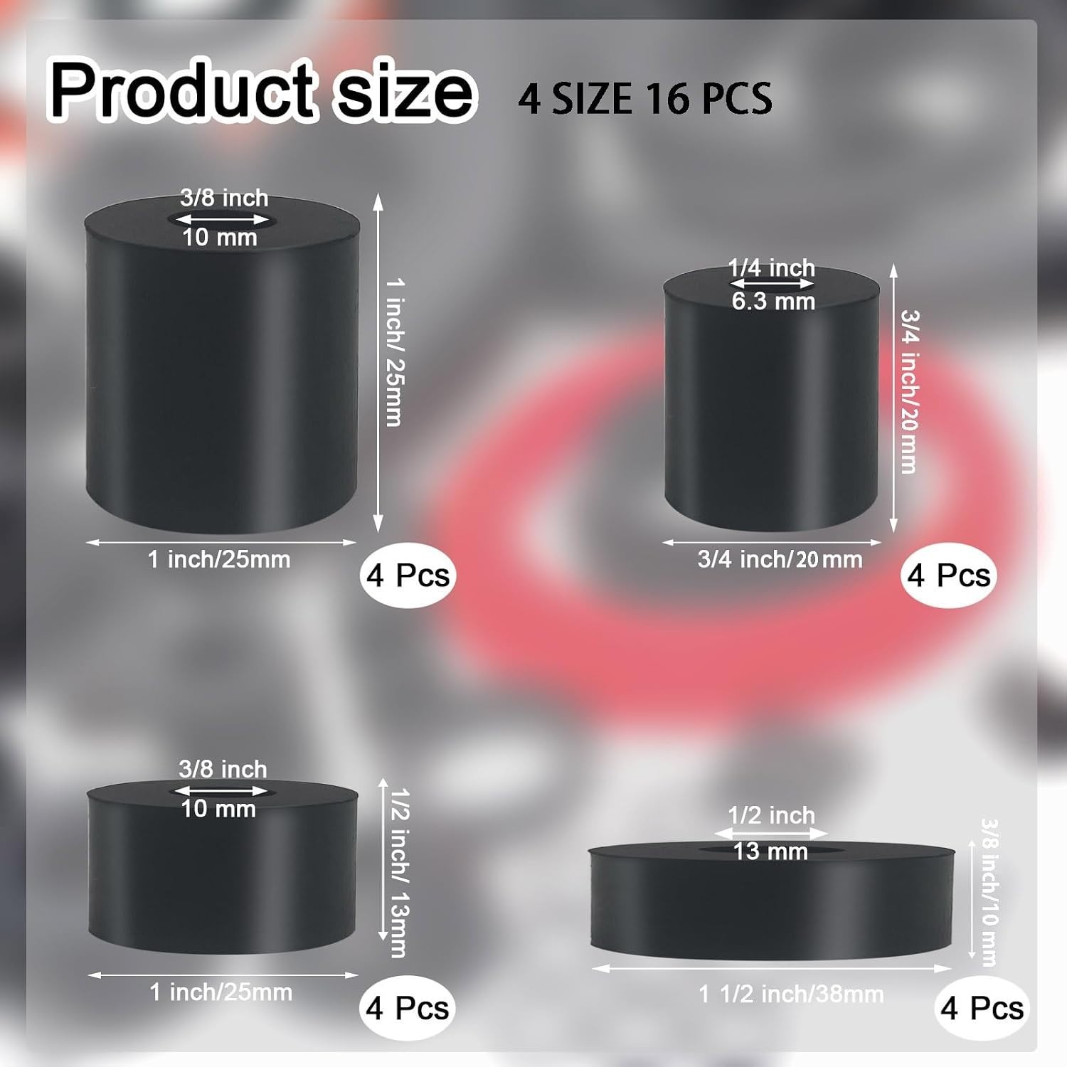 16 PCS 4 Sizes Rubber Spacers 1 Inch/ 3/4 Inch/ 1 1/2 Inch OD, Thick Rubber B…