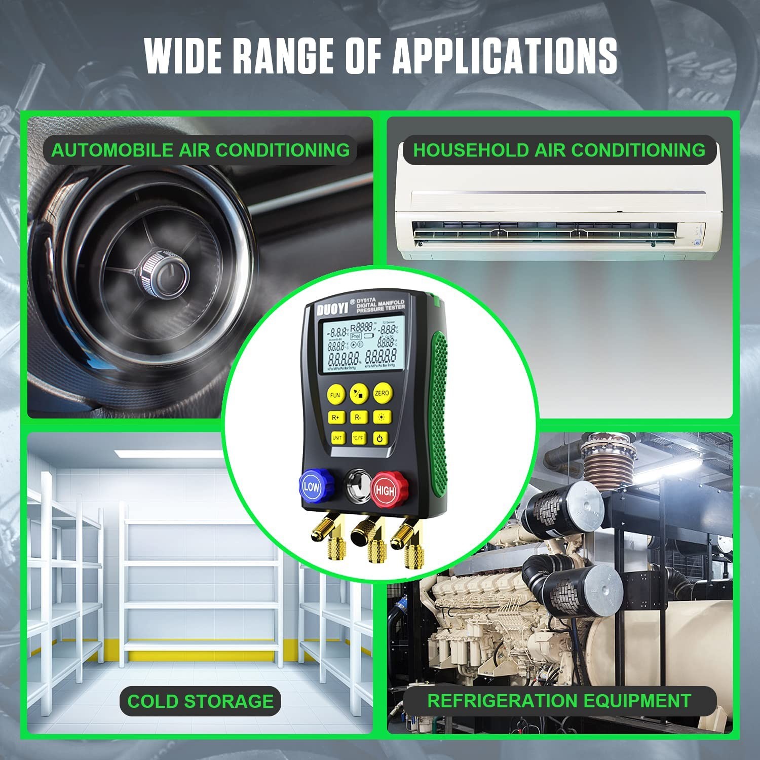 Large LCD Digital Manifold Gauge Set with Multi-Unit Switching for HVAC Systems