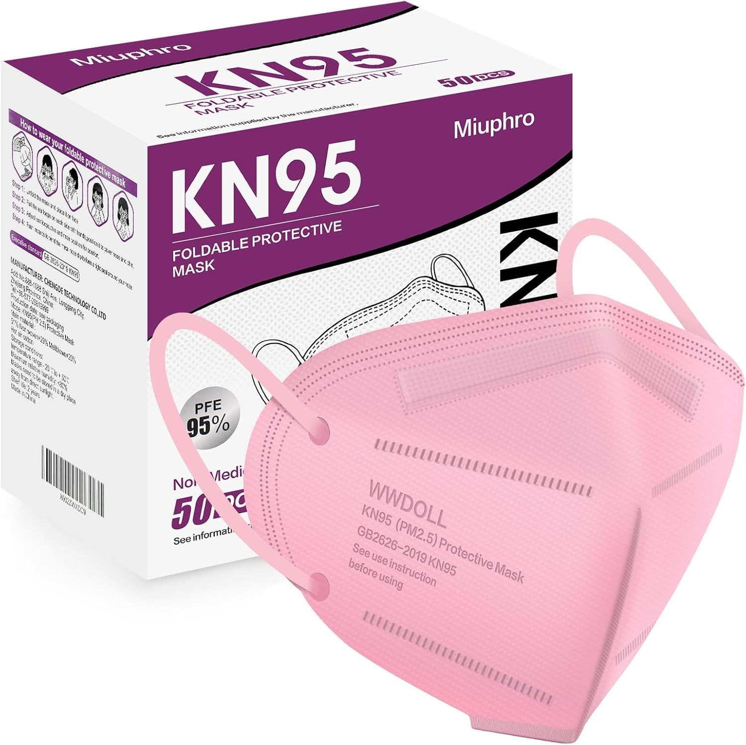 50 Pack Pink KN95 Masks Disposable 5-Layer Foldable Safety Masks