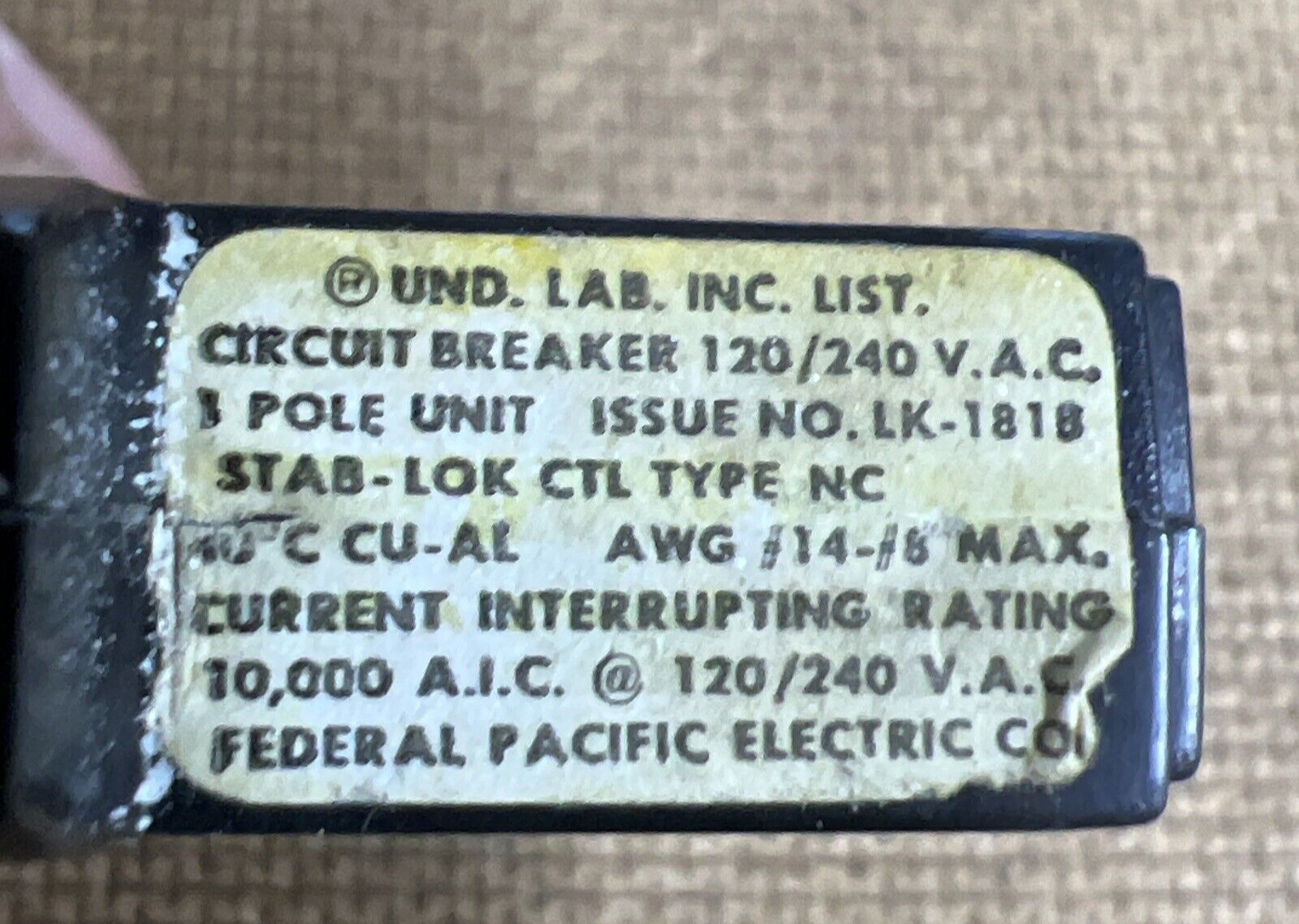 Federal Pacific Electric STAB-LOK 15 Amp 1-Pole Thin Circuit Breaker CTL Type NC