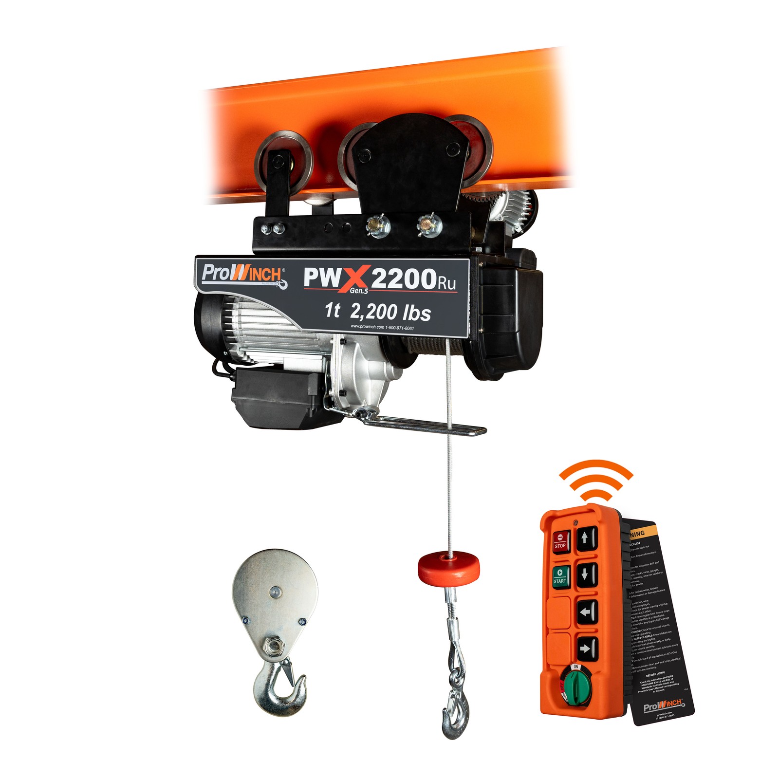 Electric Wire Rope Hoist 1 ton 2200 lb 110V 38 ft. Wireless w/ Power Trolley