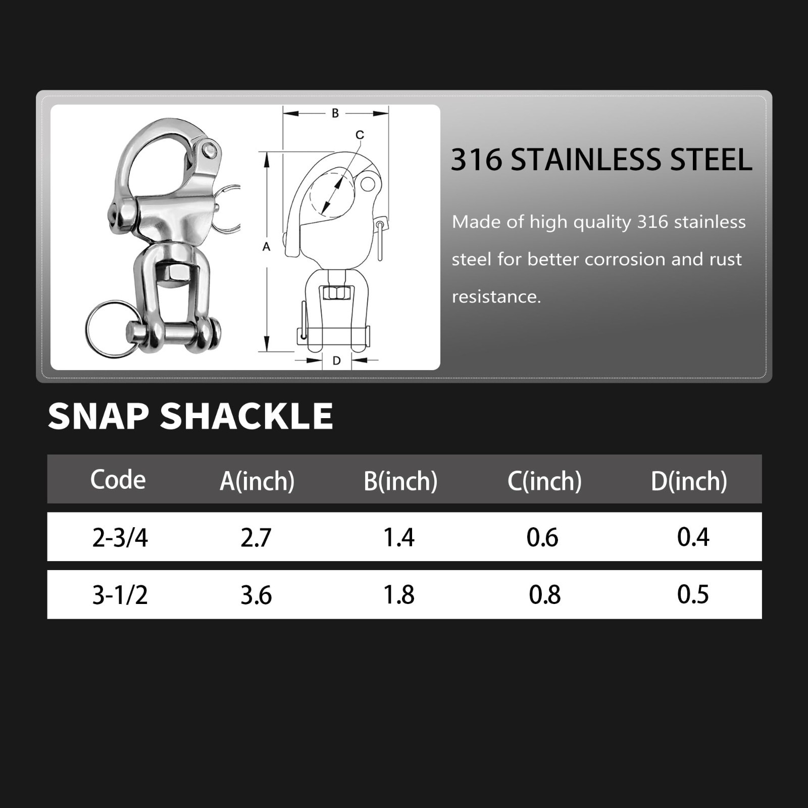 Quick Release Snap Shackle, Marine Grade 316 Stainless Steel Clevis Hook, Sailbo