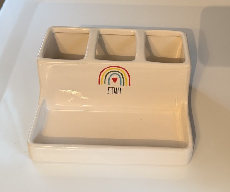 Rae Dunn *STUFF* White Ceramic Organizer, Stationary Or Makeup Brushes, 8.25”
