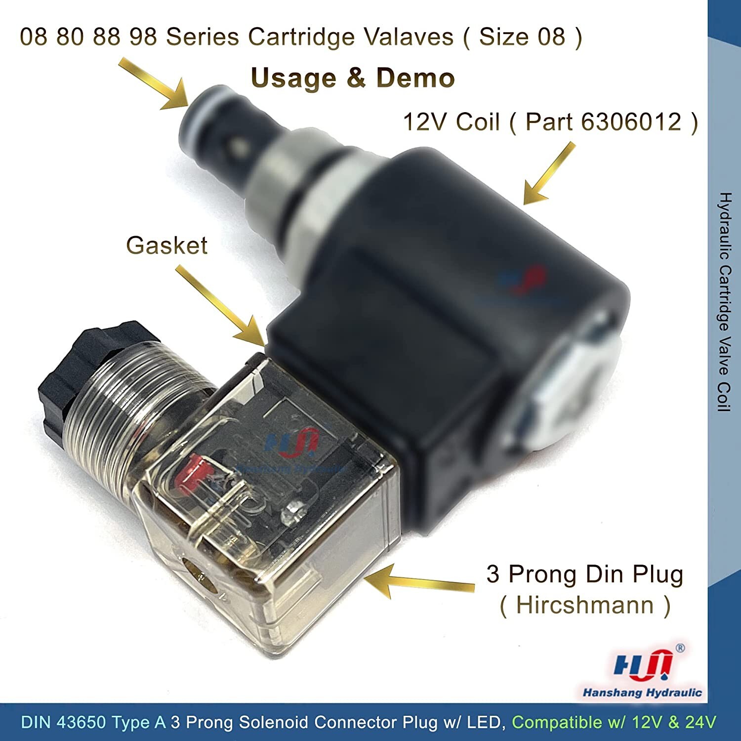 DIN 43650 Type A 3 Prong Solenoid Connector Plug w/ LED Light Compatible 12V 24V
