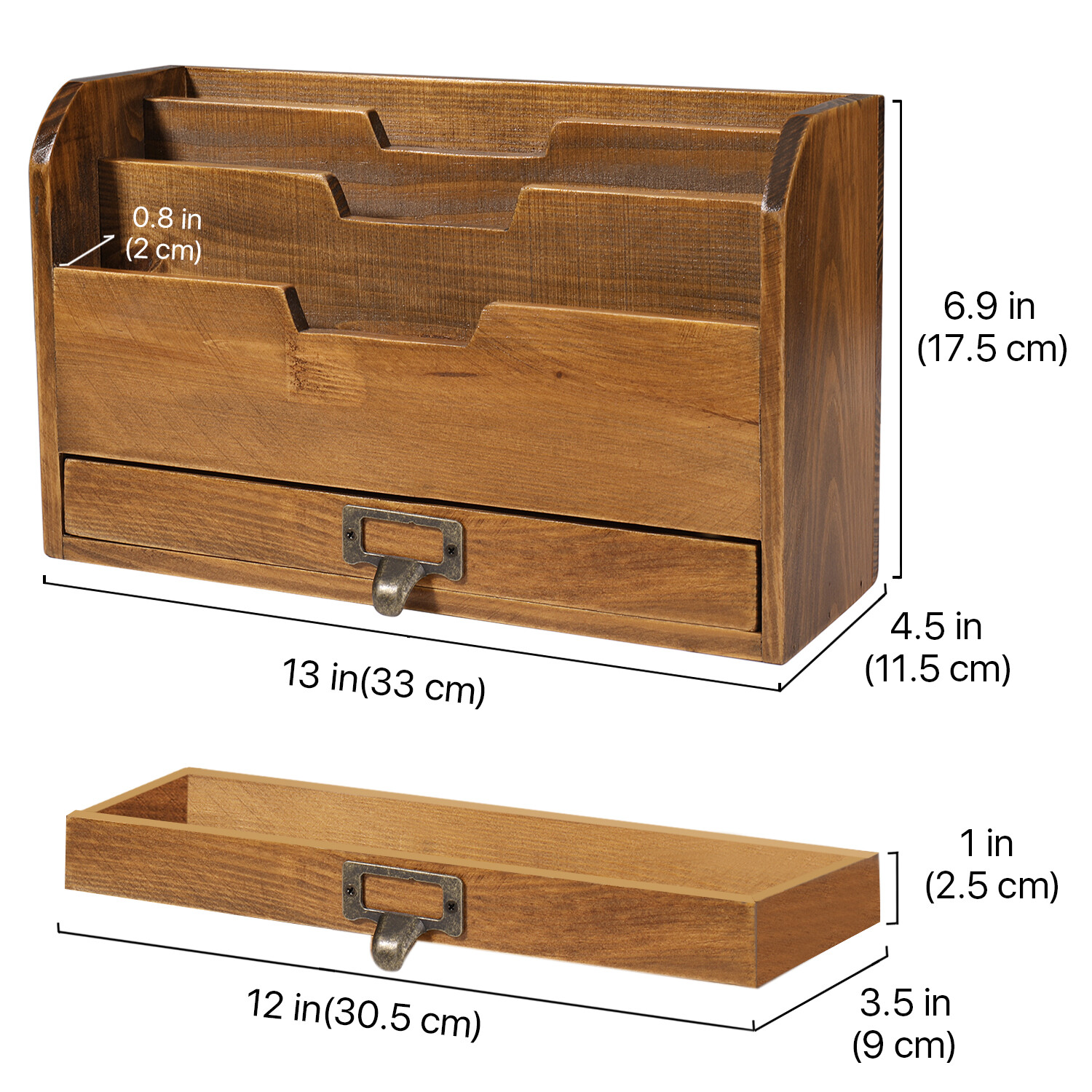 3 Tier Wooden Desk Organizer – Rustic Slot Sorter Shelf Holder with Drawer