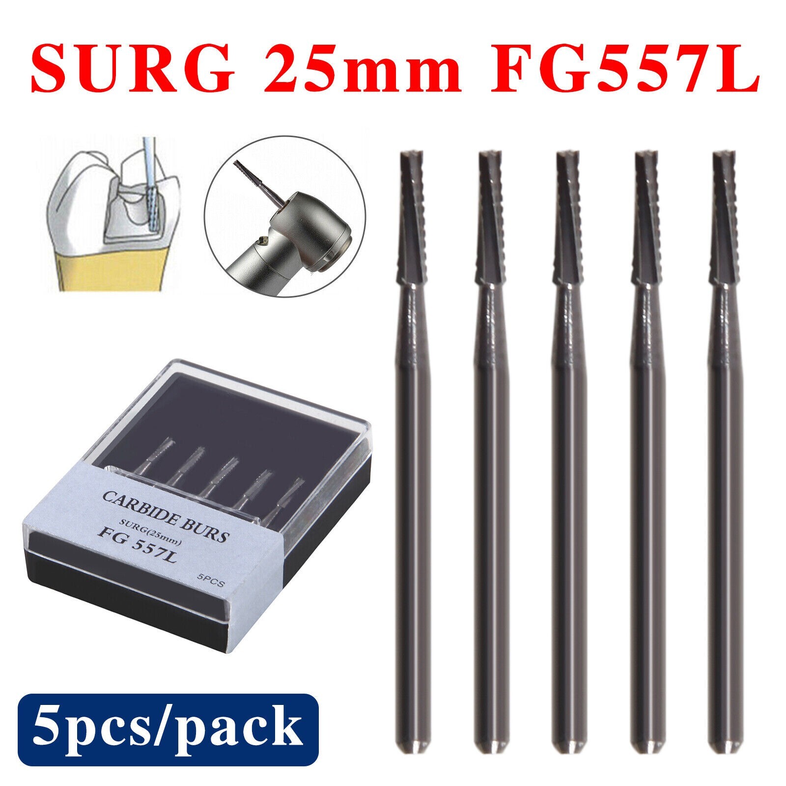 Dental Long Surgical Burs FG #557L 25mm Shank Tungsten Carbide Midwest USA