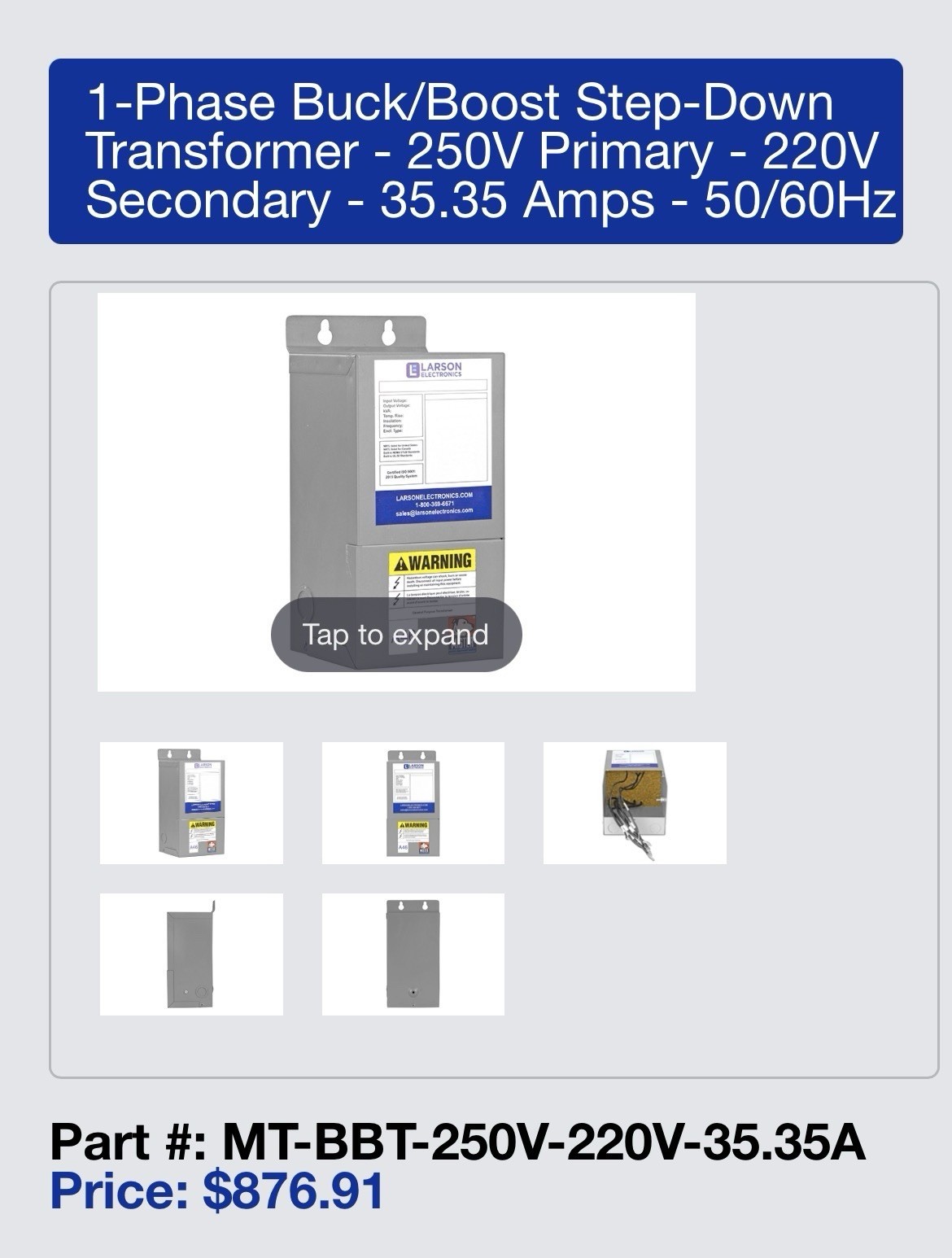 Larson Buck/Boost 1-Phase Step-Down Transformer 250V-220V 35.35A MPN