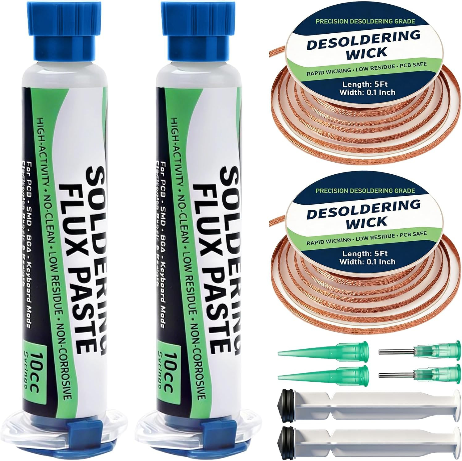 Solder Flux Paste & Desoldering Wick: No Clean Rosin Handy Flux Syringe + Solder