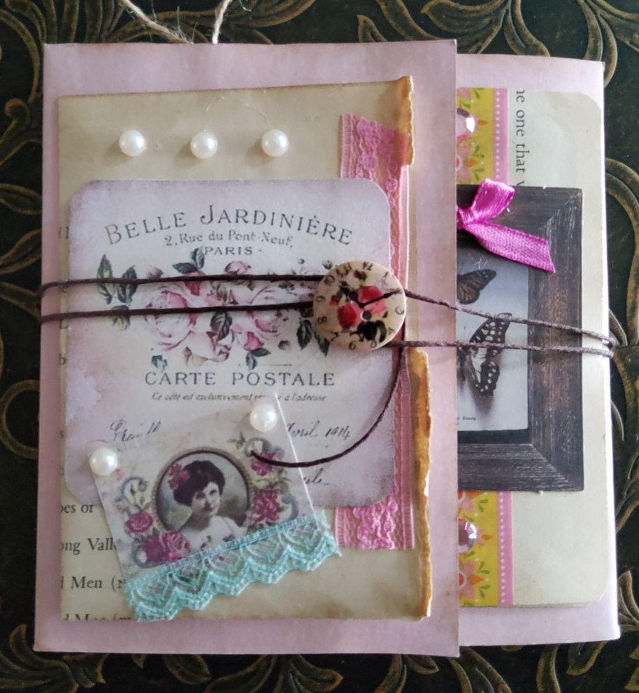 2 Junk Journals Handmade Booklet Folio PINK ROSES & LOVE w/ Pockets & Ephemera