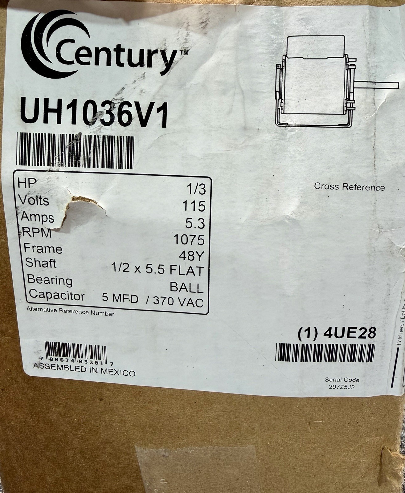 CENTURY UH1036V1 Unit Heater Motor, 1/3 HP, 1075 rpm, 48Y Frame, 115V 4UE28