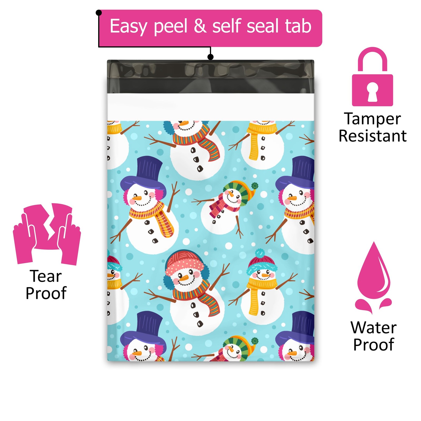 10×13 (100) Snowman Winter Designer Poly Mailers Self Sealing Waterproof Tamp…
