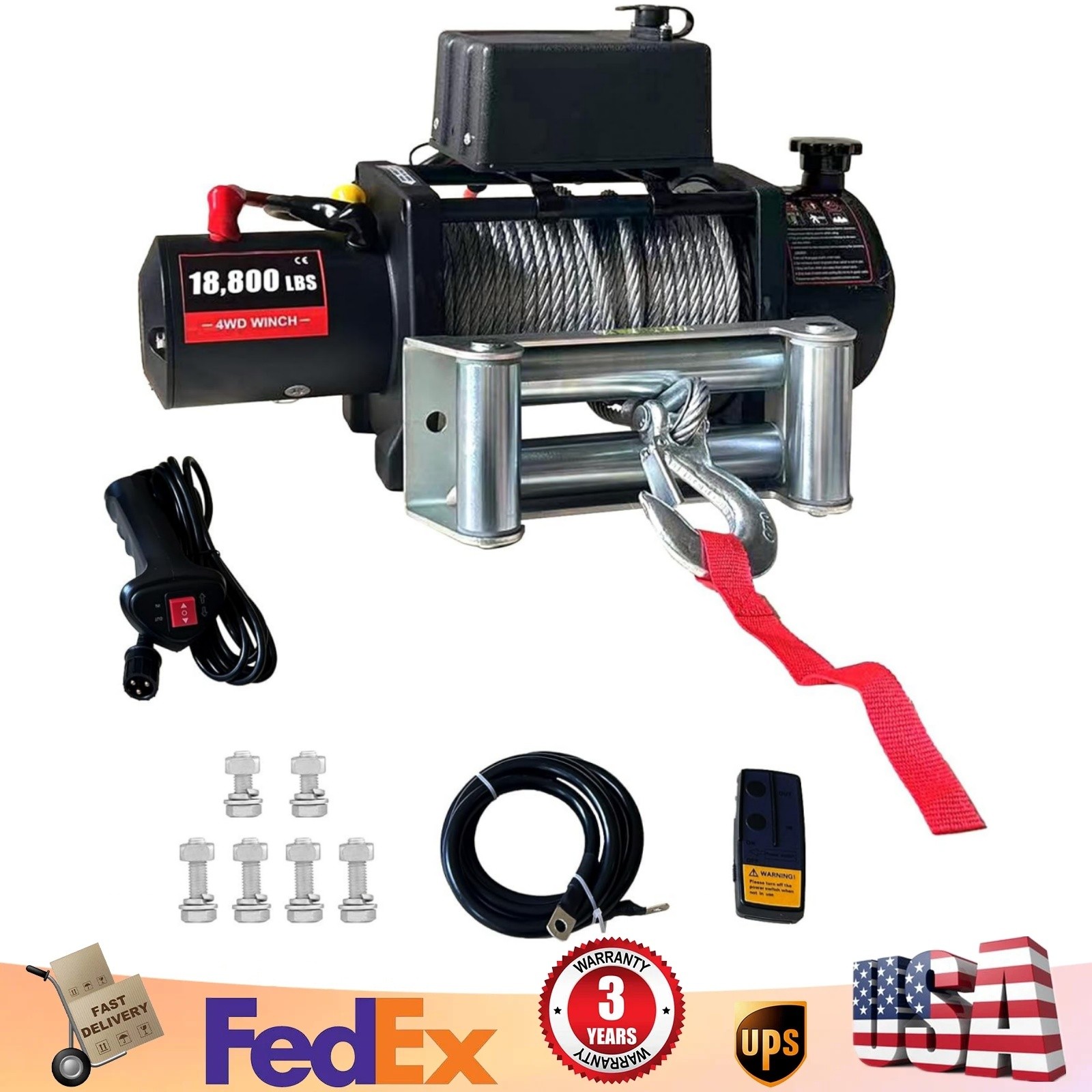 18800LBS Truck Electric Winch Kit Waterproof IP67 80FT Steel Cable Truck Winch