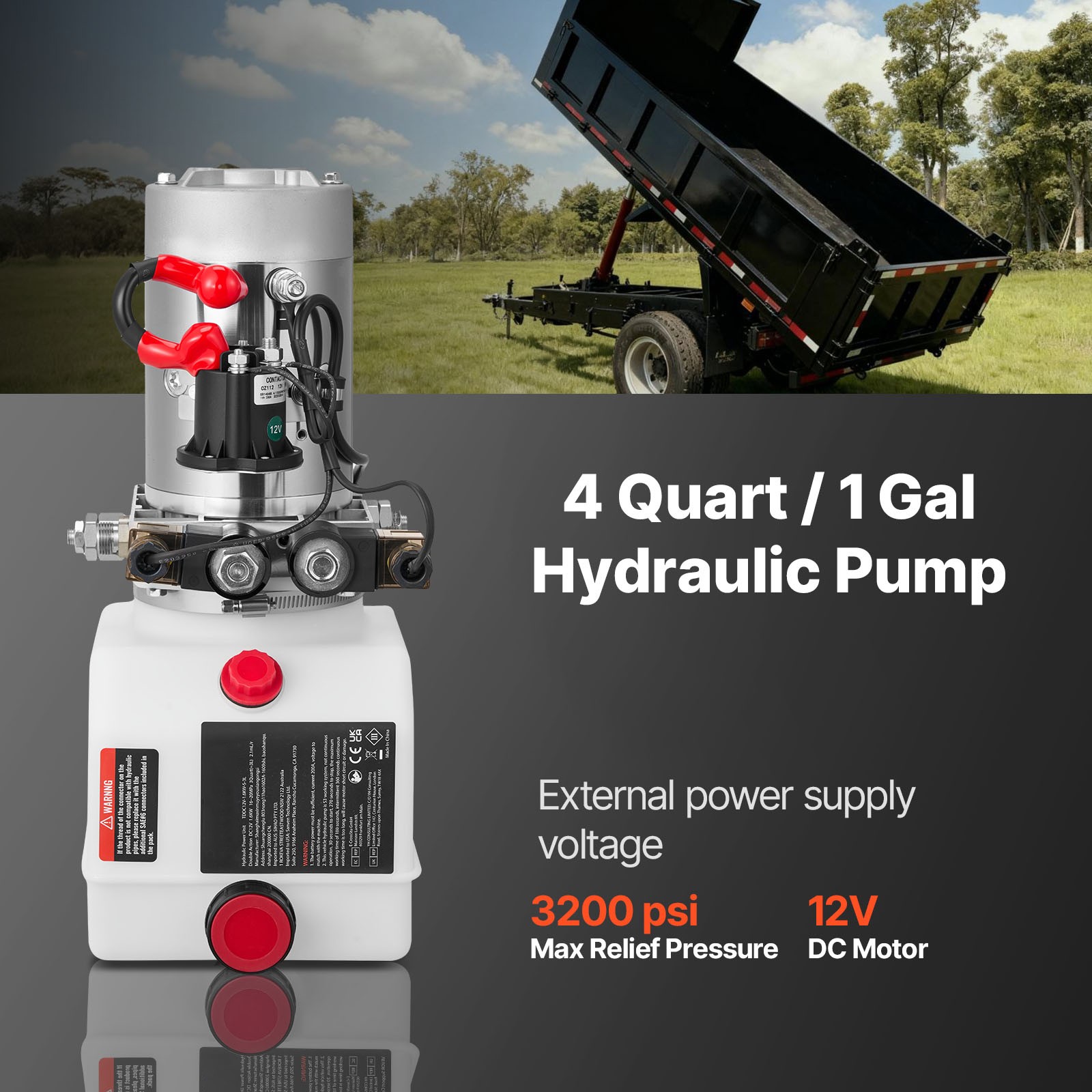 Uimoso 4 Quart Double Acting Hydraulic Pump Dump Trailer Pack DC 12V Power Unit