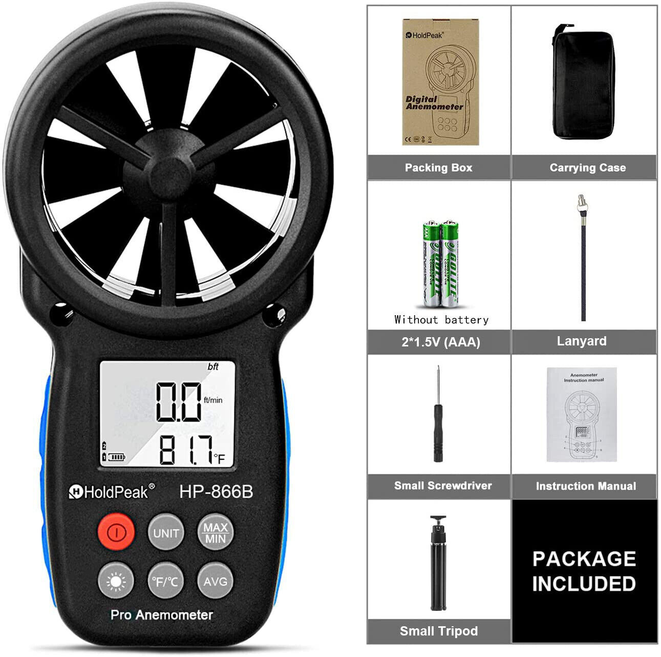 HoldPeak Wind Speed Meter Handheld Anemometer Air Flow MAX/MIN/AVG Temperatur