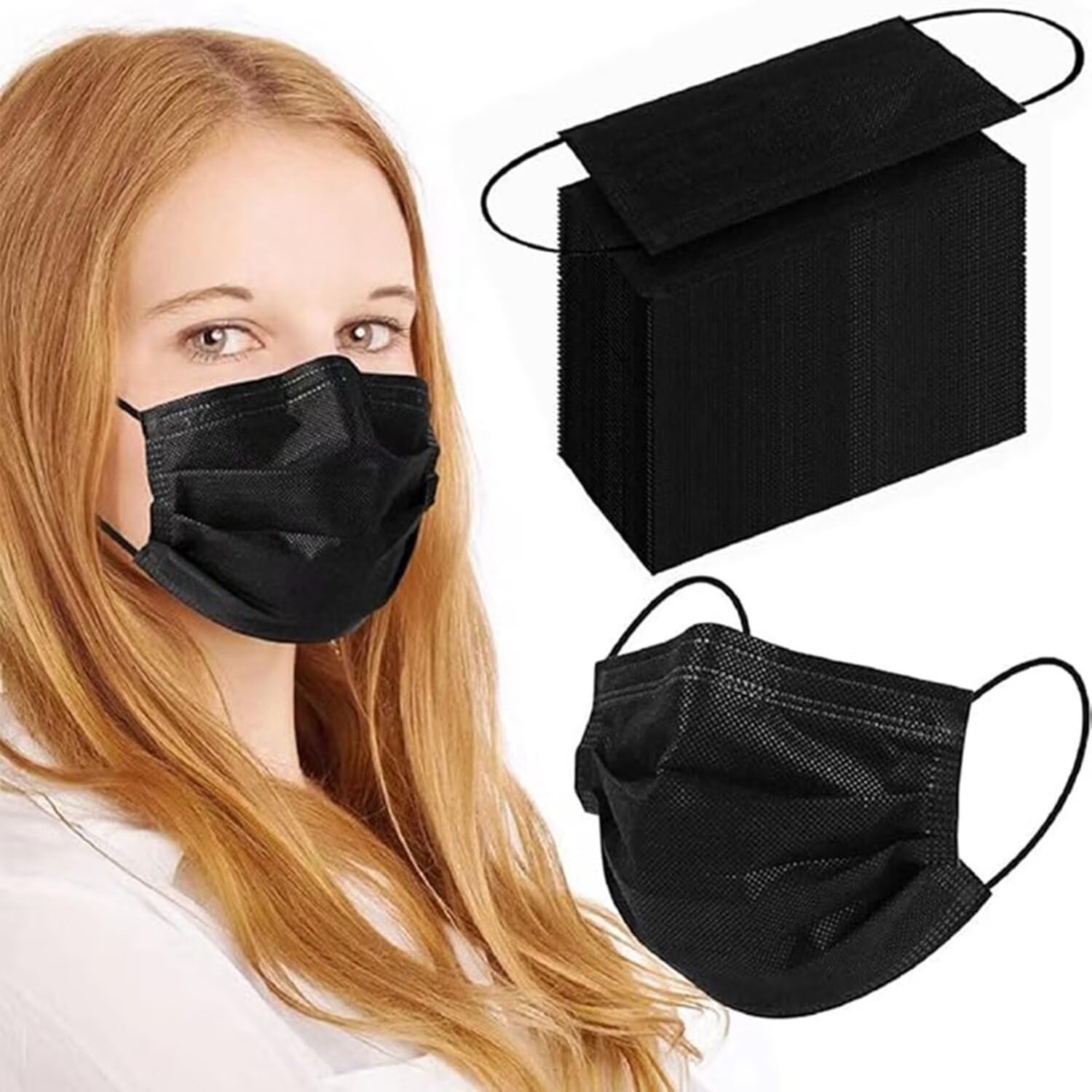 100Pcs Black Disposable Face Mask, 3 Ply Black Face Masks with Soft Elastic E…