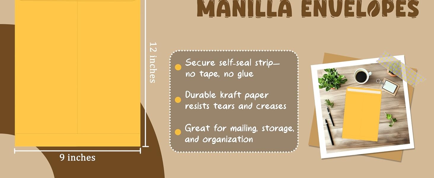 25 Pack Manilla Envelopes 9 x 12, Brown, Letter Size, Self-Seal Manila Large