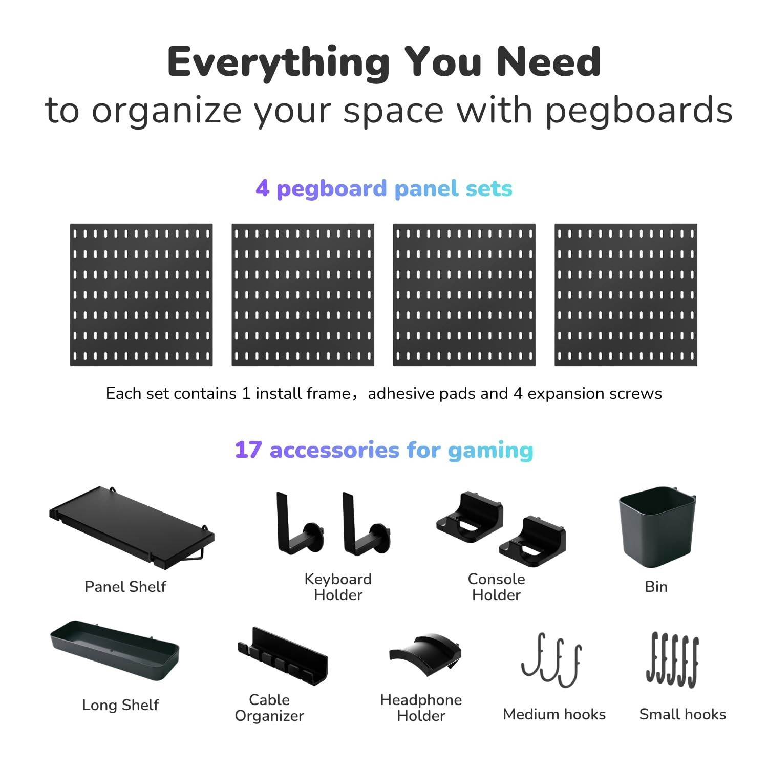 Keepo Peg Board Wall Organizer for Gaming Setup, Pegboard with Adhesives & Sc…