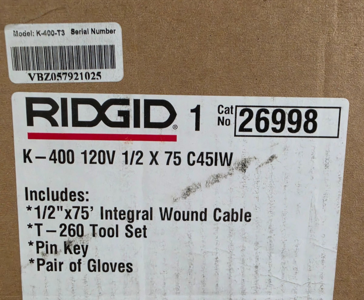 Ridgid 26998, K-400 120V Drum Drain Machine w/C-45 IW Cable, 1/2″x75′ Int. Wound