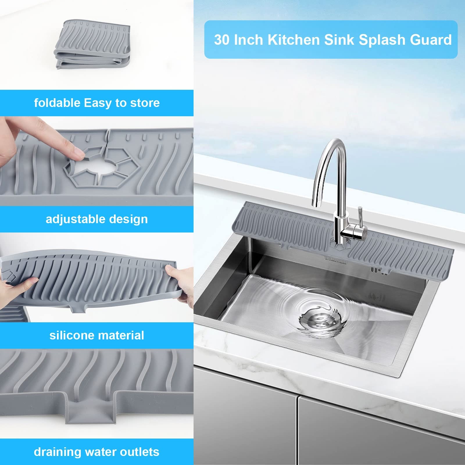 Derlights 30 inch Sink Splash Guard Mat,Silicone Faucet Handle Drip Catcher Tray