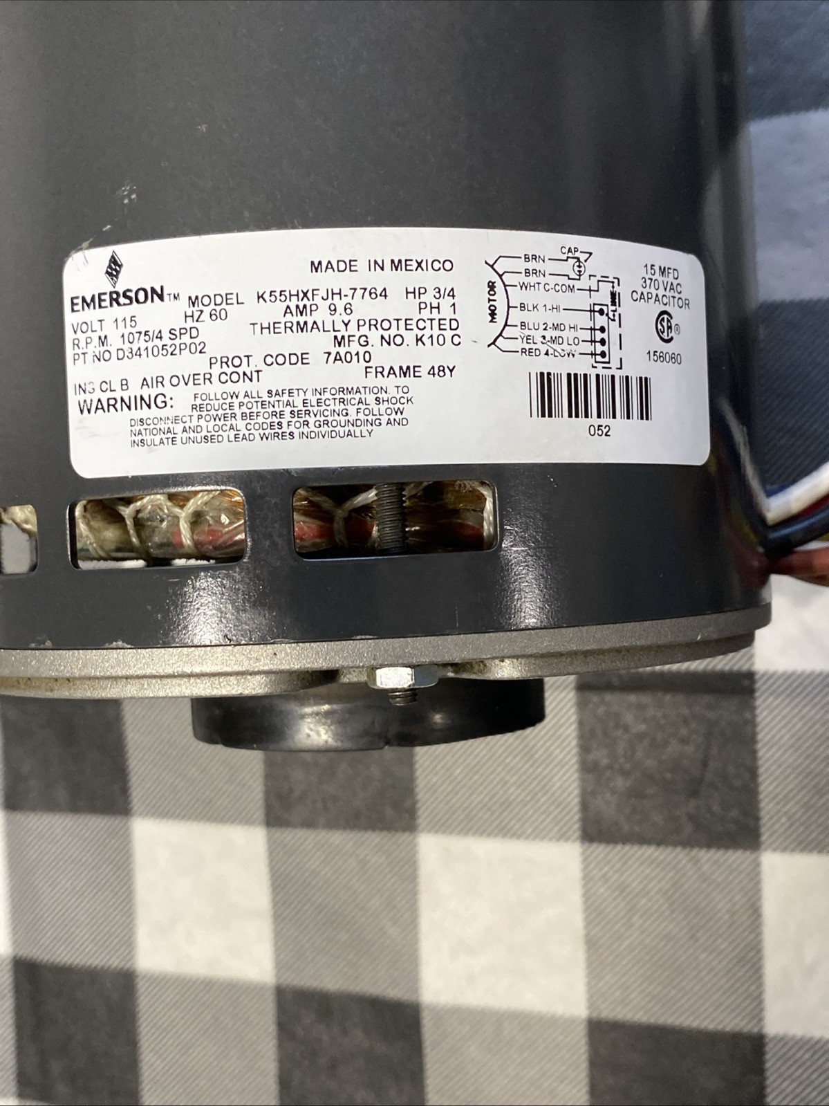 Emerson K55HXFJH-7764 Blower Motor 115V 1075RPM 4SPD 3/4HP D341052P02 CLEAN!