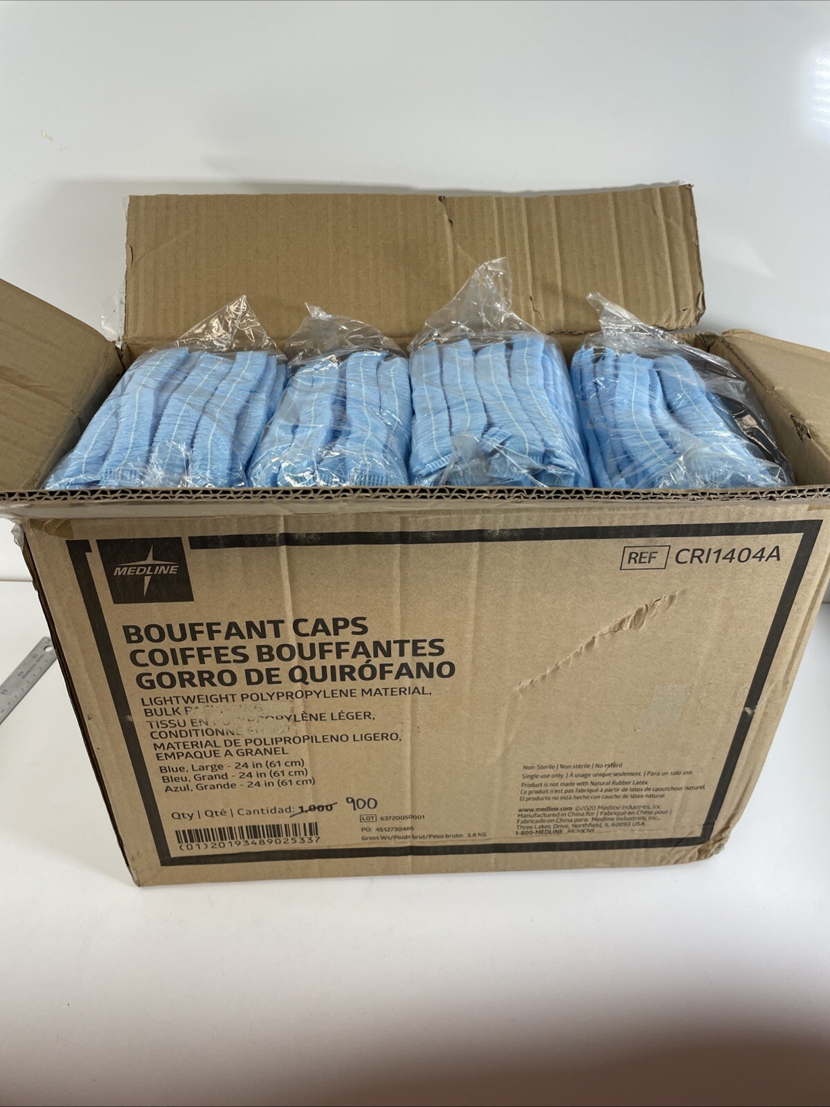 900 Case – Medline 24″ Blue Bouffant Cap Non Woven Disposable Hairnet, Large