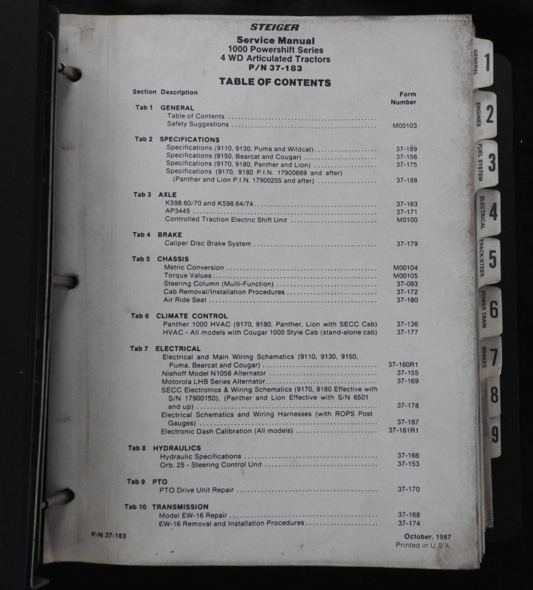 Case IH 9110 9130 STEIGER TRACTOR 1000 Panther Puma Wildcat Service Manual 1987
