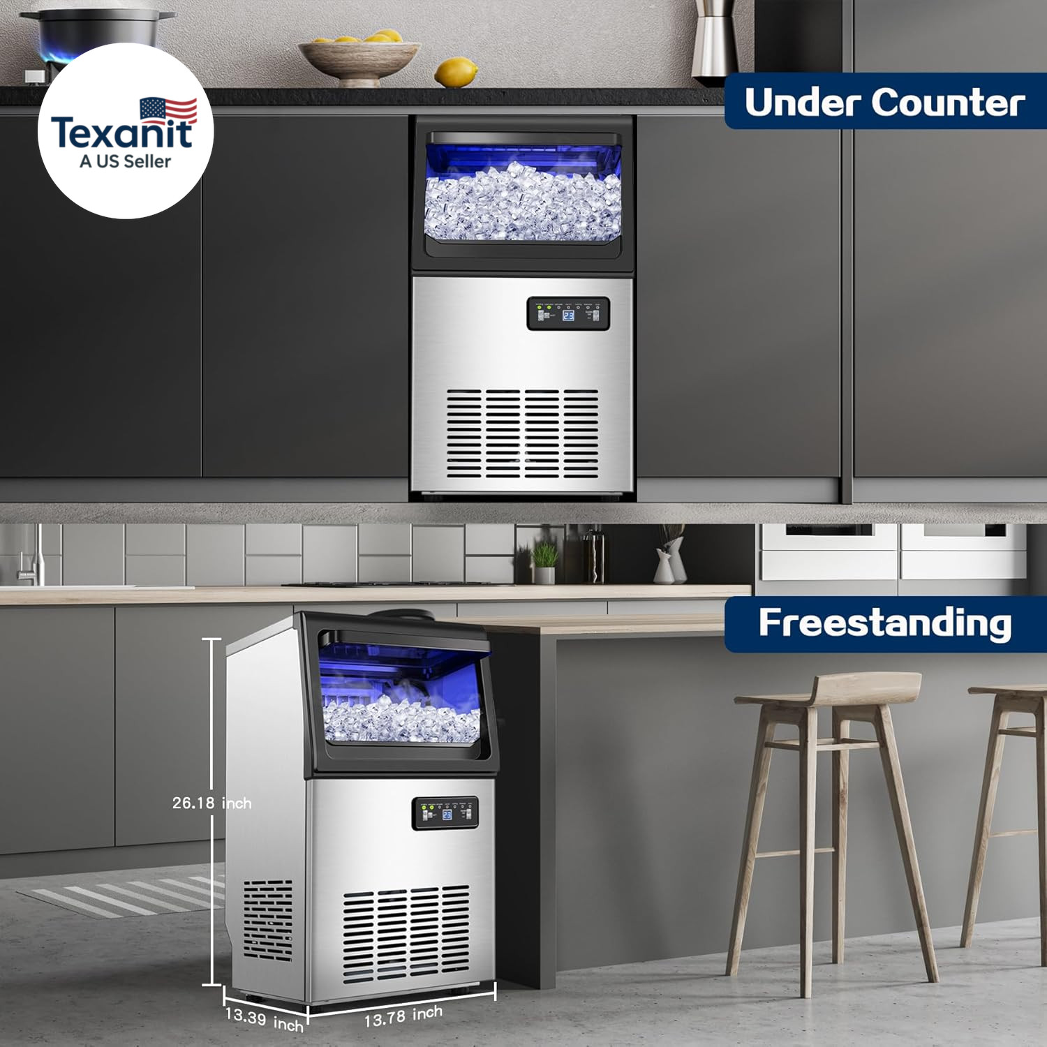 Commercial Ice Maker Machine 110LBS/24H, Undercounter or Freestanding Ice Machin