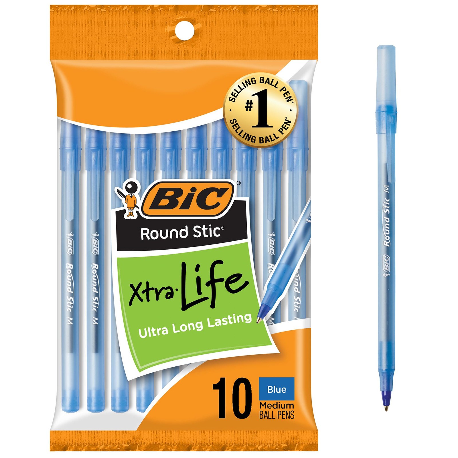 Round Stic Xtra Life Blue Ballpoint Pens, Medium Point (1.0mm), 10-Count Pack of