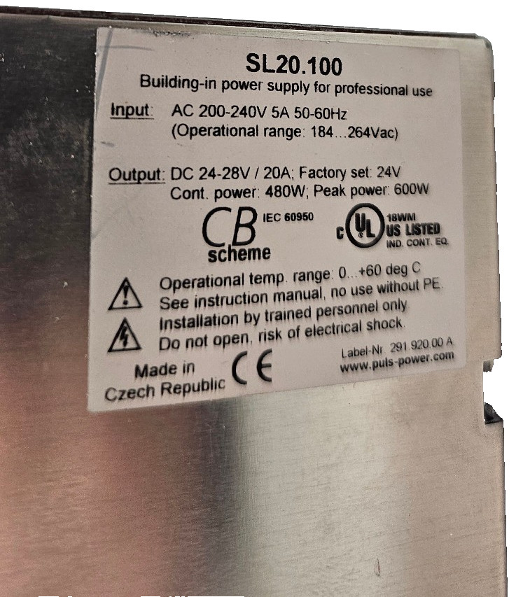NOS PULS SL20.100 Power Supply, In:AC 200-240V, 5A, Out:DC 24-28, 20A, 480-600W