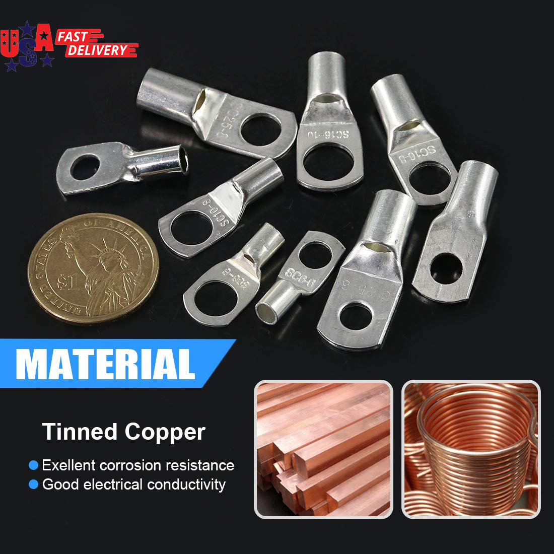 125Pcs Marine Grade Heavy Duty Tinned Copper Wire Lugs Battery Cable Ends Eyelet