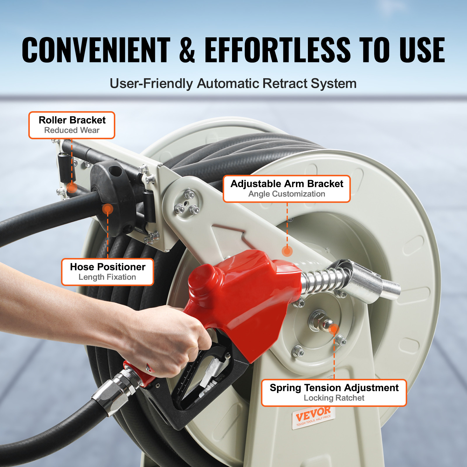 VEVOR Fuel Hose Reel Retractable Diesel Hose Reel 1″ x 33′ Auto Refueling Nozzle