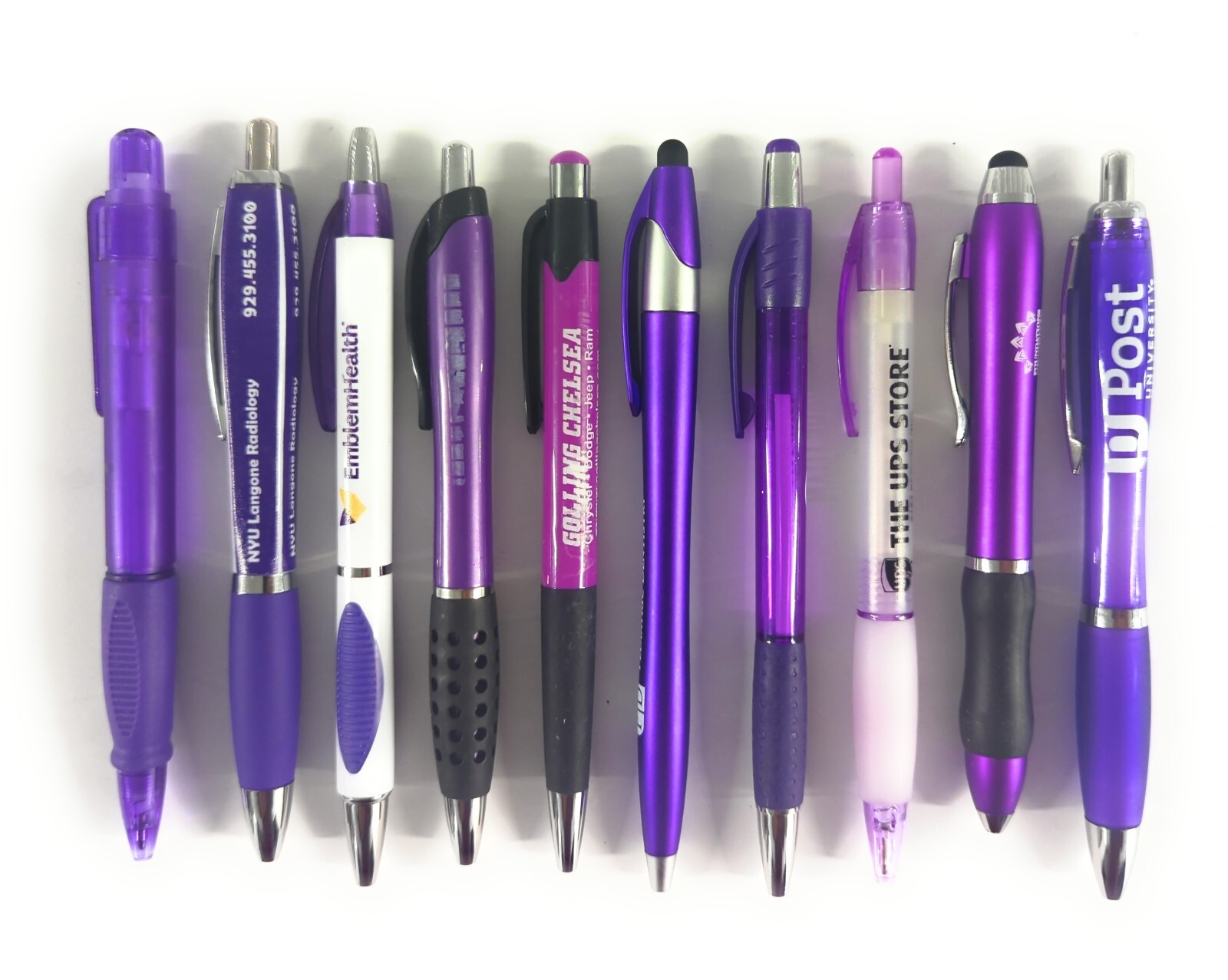 10ct Mixed Lot Misprint Retractable Click Pens: PURPLE/ VIOLET/ LAVENDER/ PLUM