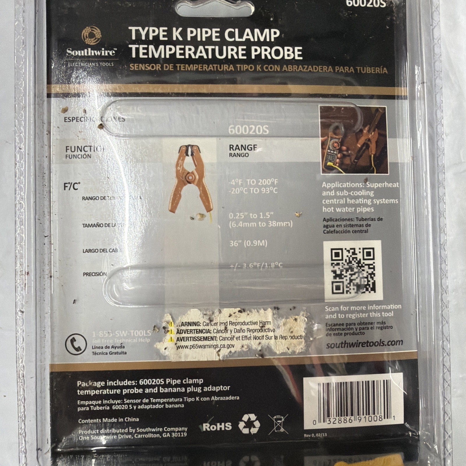 Southwire Type K Pipe Clamp Temperature Probe 60020S Brand New
