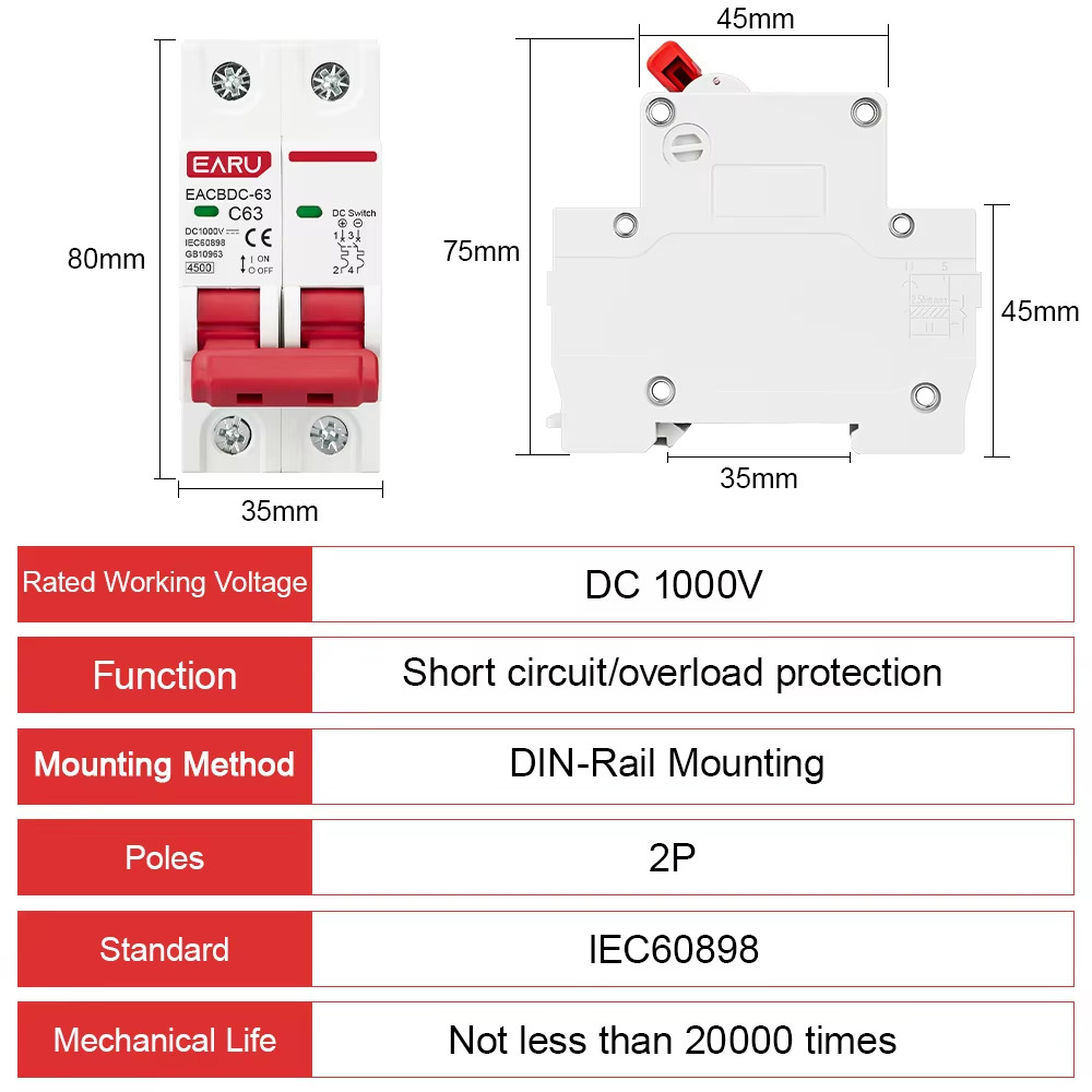 Solar DC Circuit Breaker 1000V PV Disconnect Switch 1P 2P Solar Panel Isolator