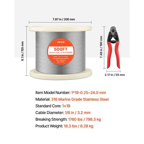 1/8 Inch Wire Rope, 500 ft Length, 316 Stainless Steel Wire Cable with Cutter, 1
