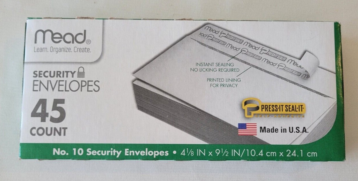 Mead #10 Security Privacy Envelopes, Self Adhesive, 4.125×9.5″ White, 45 count