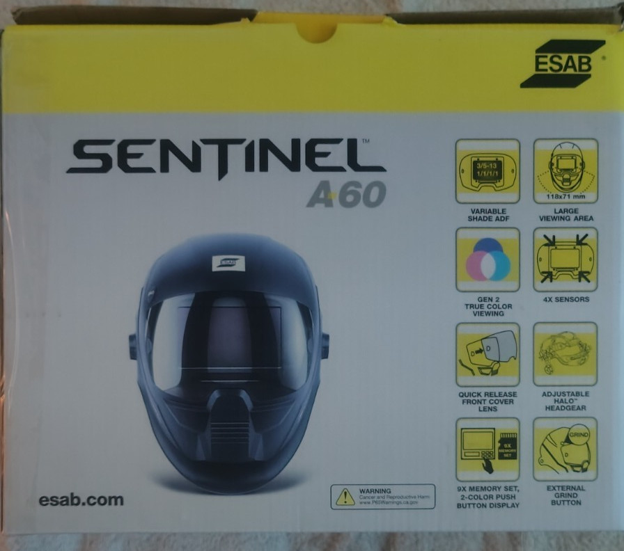 ESAB Sentinel A60 welding helmet, gloves,arm protectors, visiors & carry bag