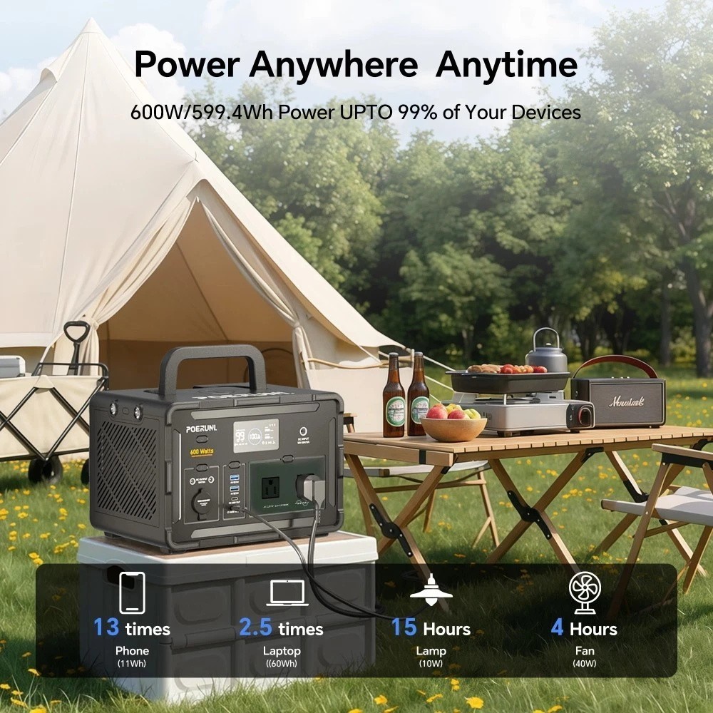 POERUNI 600W 519Wh Portable Power Station Solar Charger Generator for Back Up