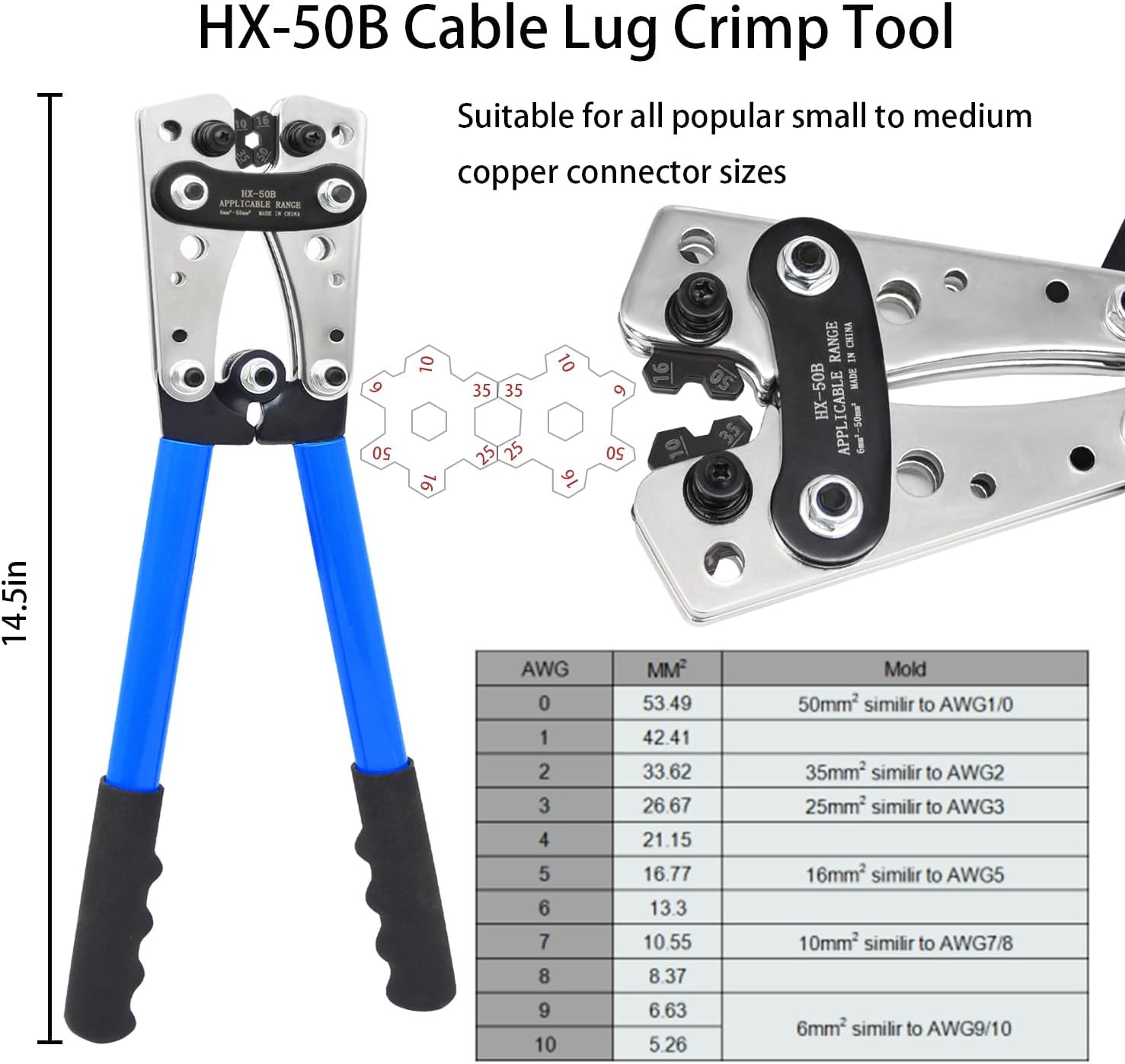 Cable Lug Crimping Tool Kit with 50 Copper Wire Lugs & Cable Cutter