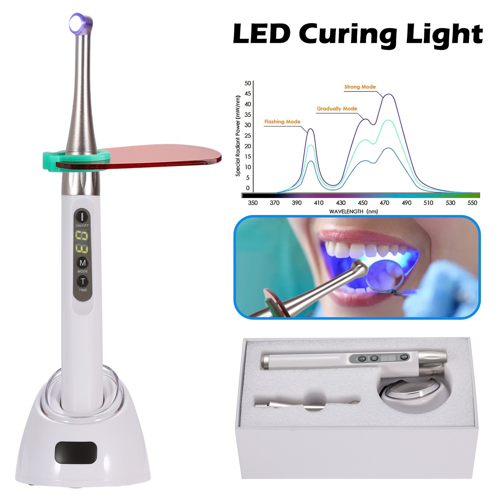 Dental Wireless Curing Light 1 Second Cure Lamp 2500mw/cm2 385nm-515nm ILED Type
