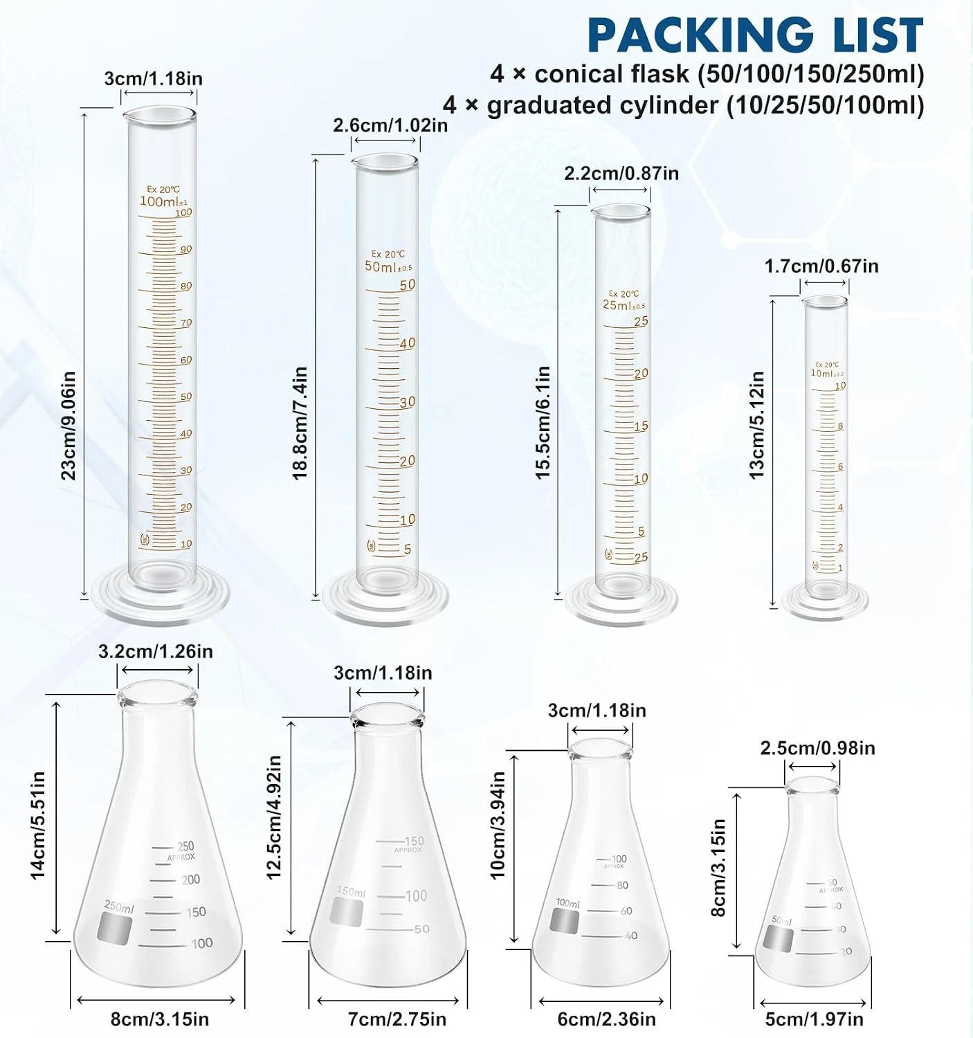 Set of 19,Laboratory Glassware Set Science Lab Chemistry Beaker 50/100/250/500ML