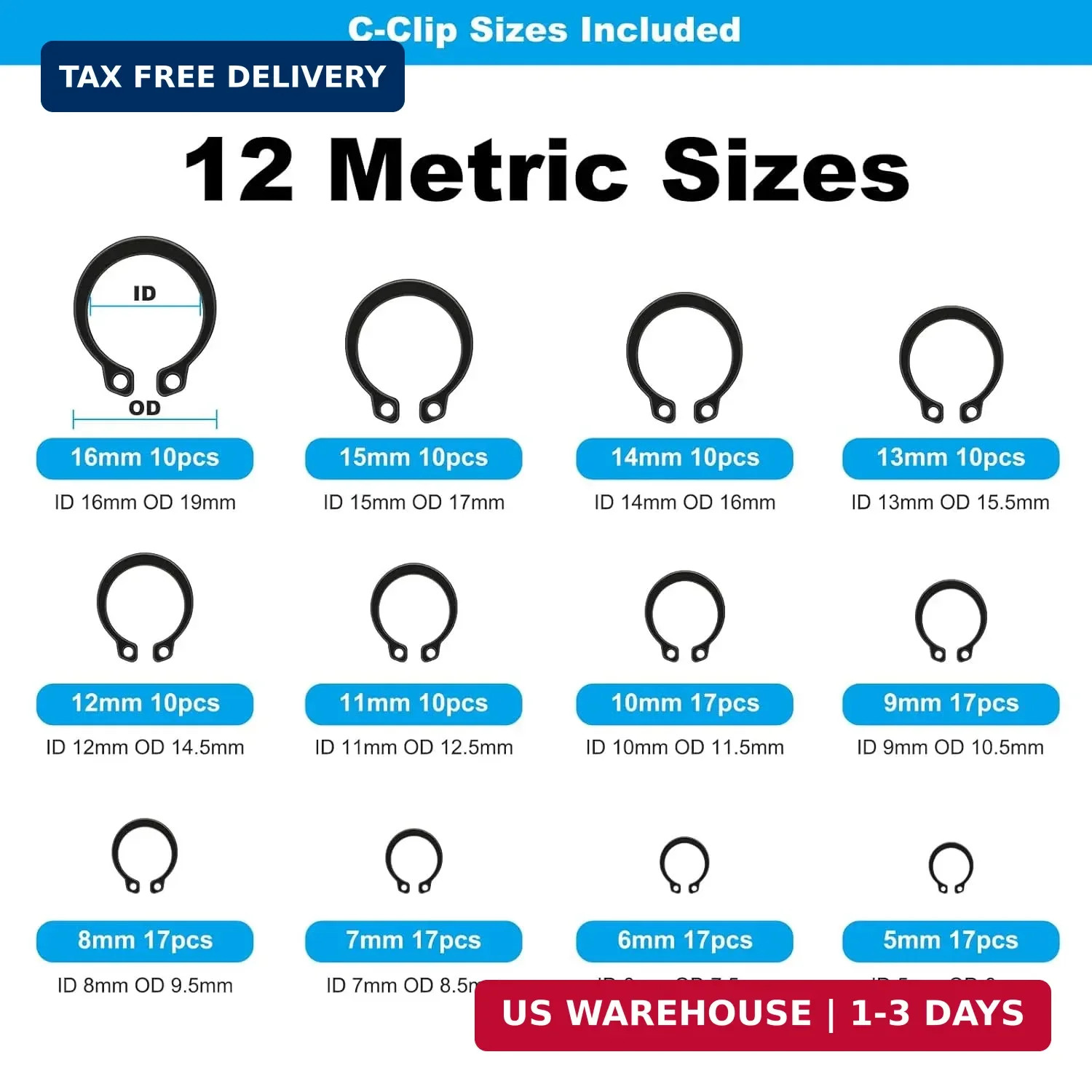 324Pcs C Clips & E Clips Assortment Kit, 24 Sizes C Clip 5mm-16mm & E Clip 2mm-1