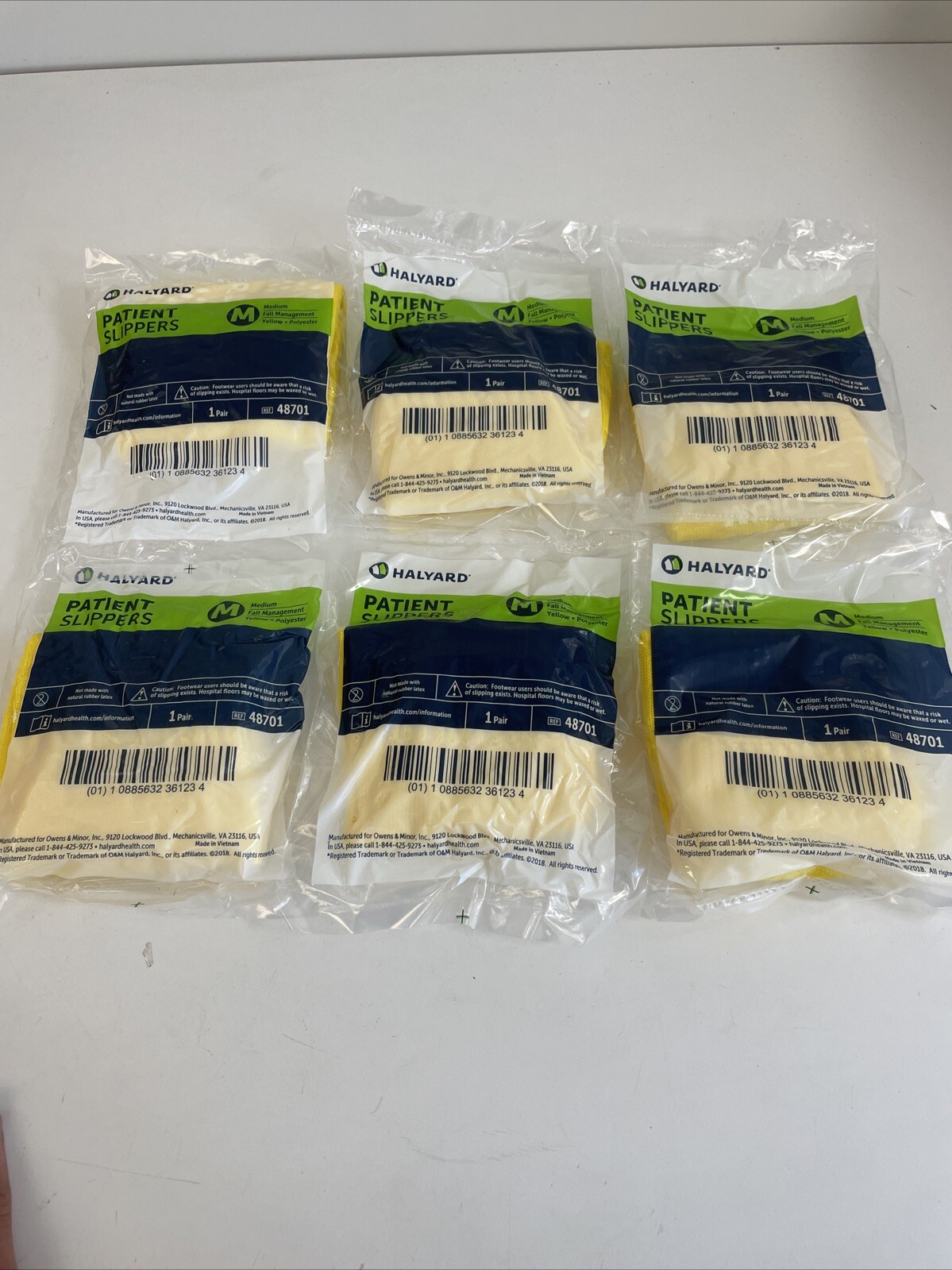 HALYARD 48701 PATIENT SLIPPERS, Medium, Yellow, Non-Skid, 6 PAIRS