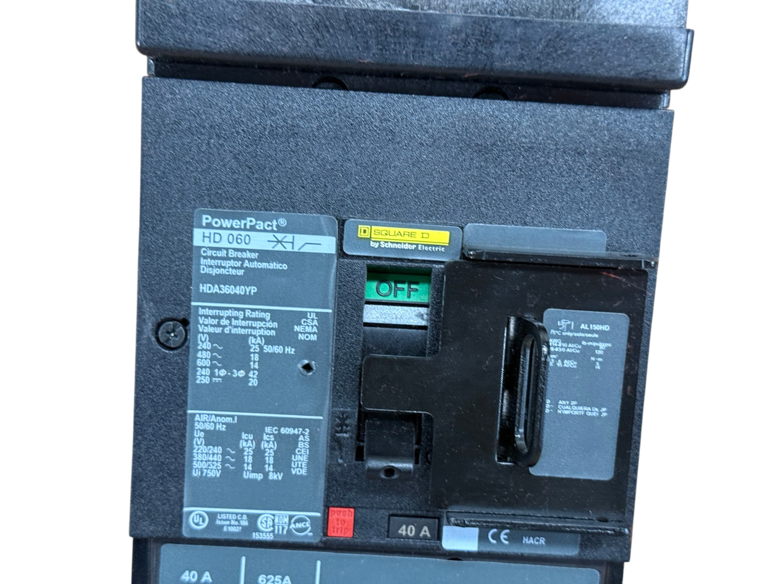 SQUARE D HDA36040YP 40A 3-POLE 600V I-LINE POWERPACT HD 42KA CIRCUIT BREAKER
