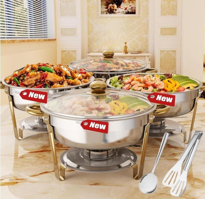 Juego 4 chafers redondos 6QT acero inoxidable con tapa vidrio. NUEVO