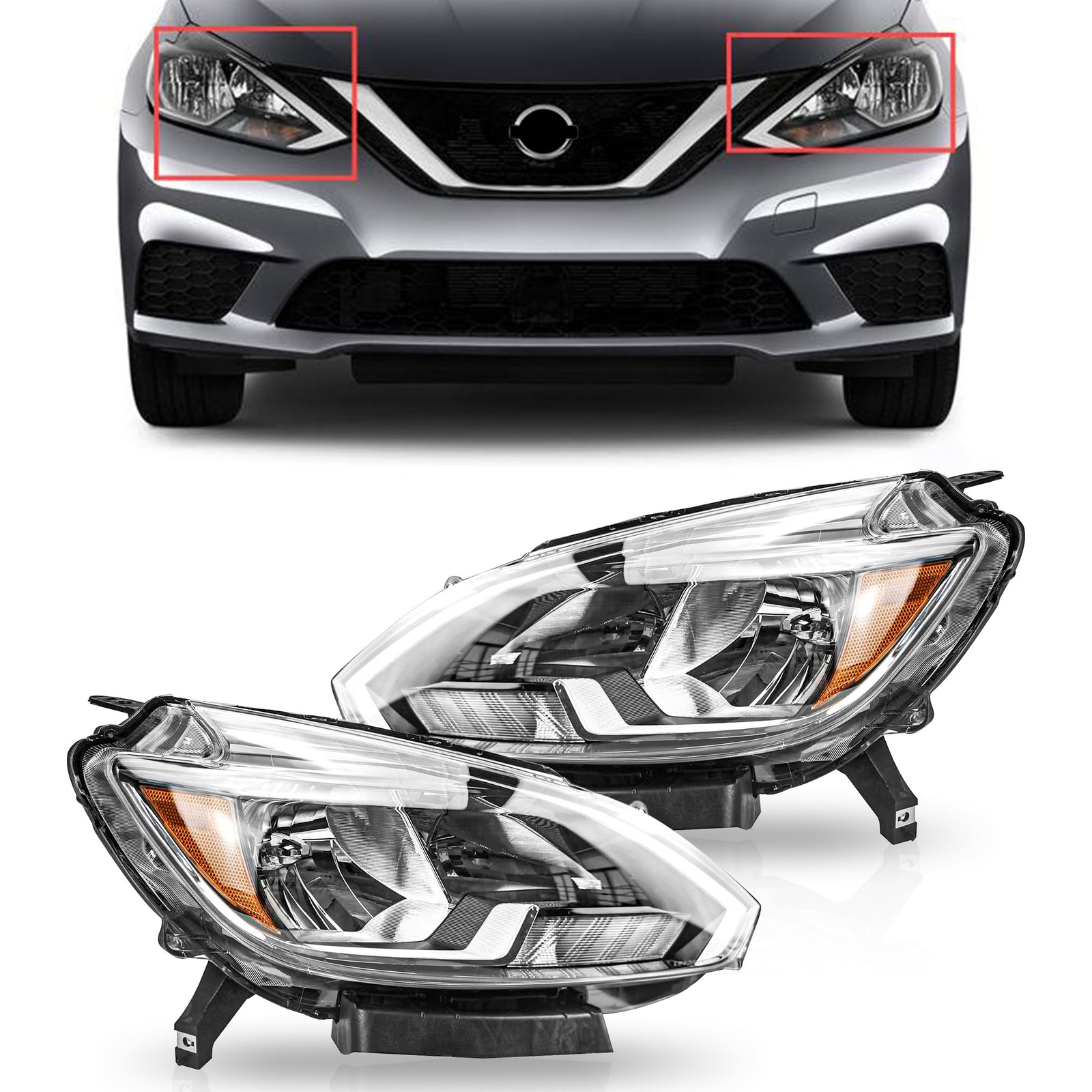 2PCS Halogen Headlight Black Housing For 2016-2018 Nissan Sentra NI2502244/3244