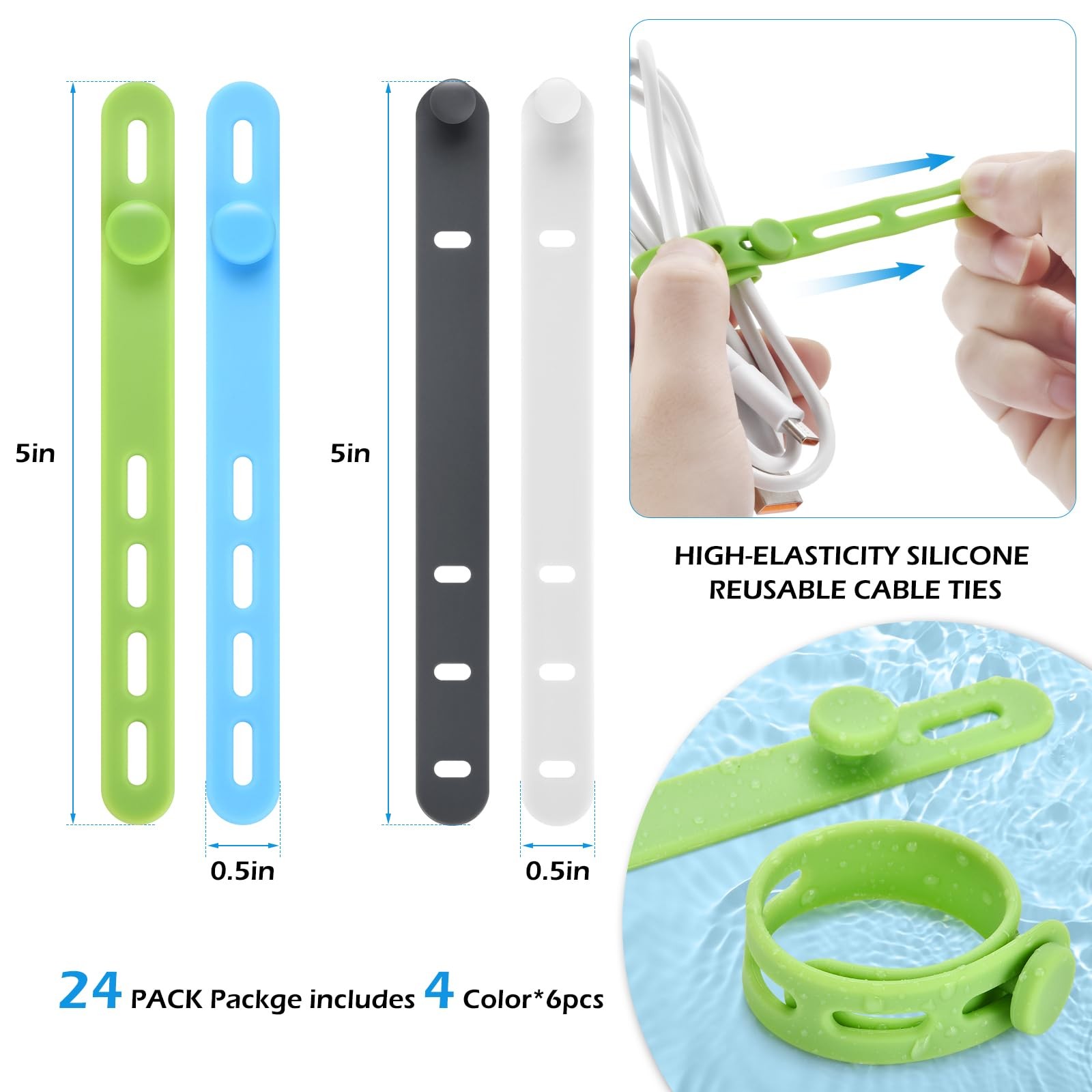 24 Pcs Silicone Cable Ties, Cord Organizer 0.5*5in, White/Gray/Green/Blue