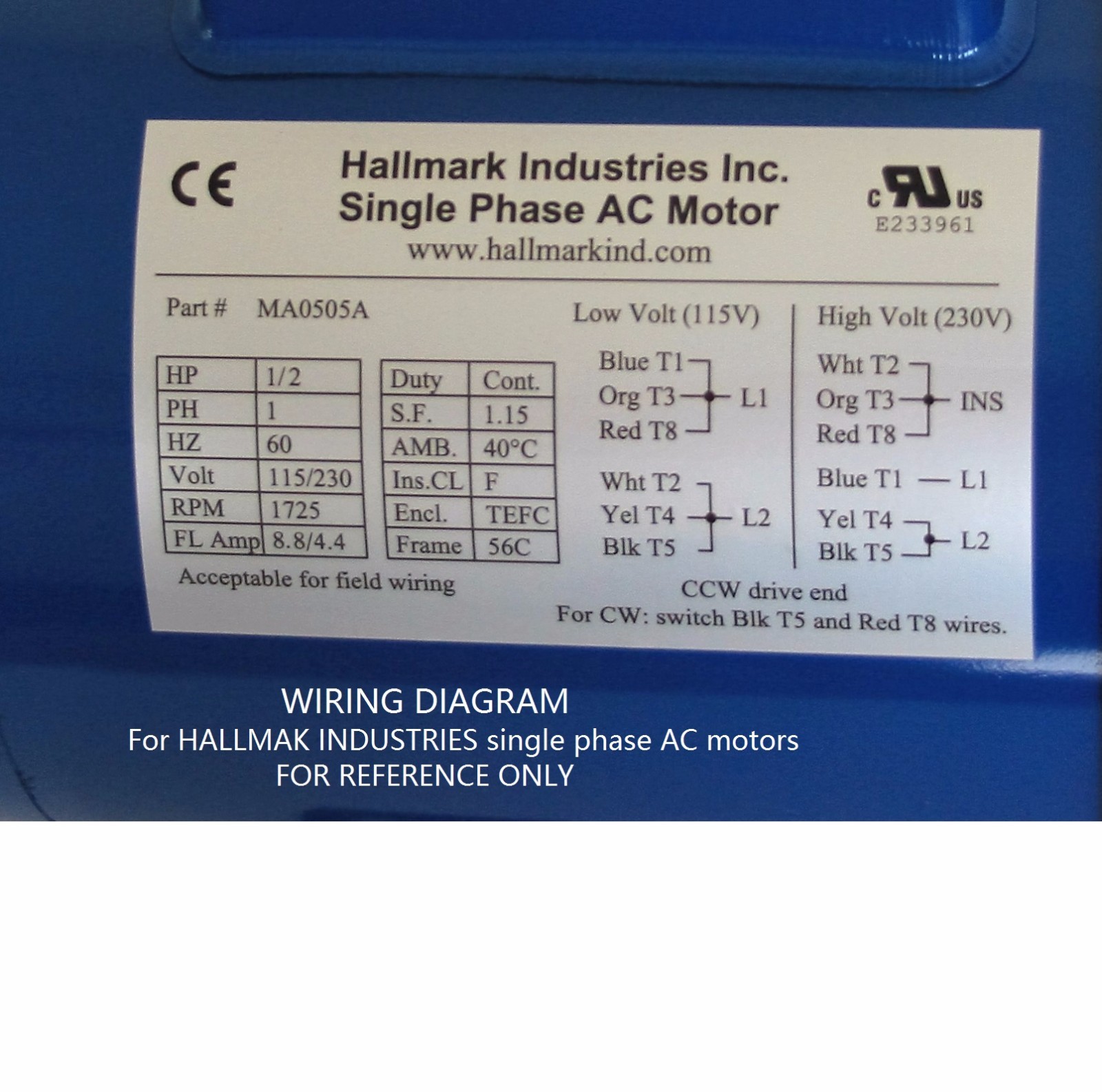 AC MOTOR, 1/2HP, 1725RPM, 1PH, 115V/208-230V, 56C/TEFC, WITH BASE