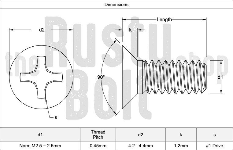 M2.5 x 4mm, Phillips Flat Head Screws, Steel, Black